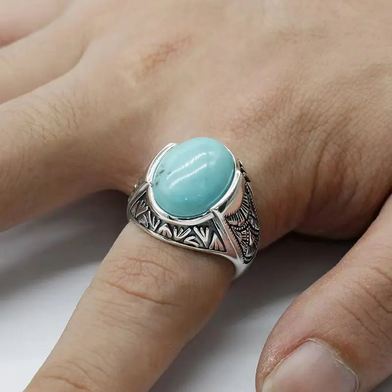 S925 Sterling Silver Inlaid Oval Turquoise Stone Men's Ring Turkish Jewelry Everyday Wear Holiday Gift
