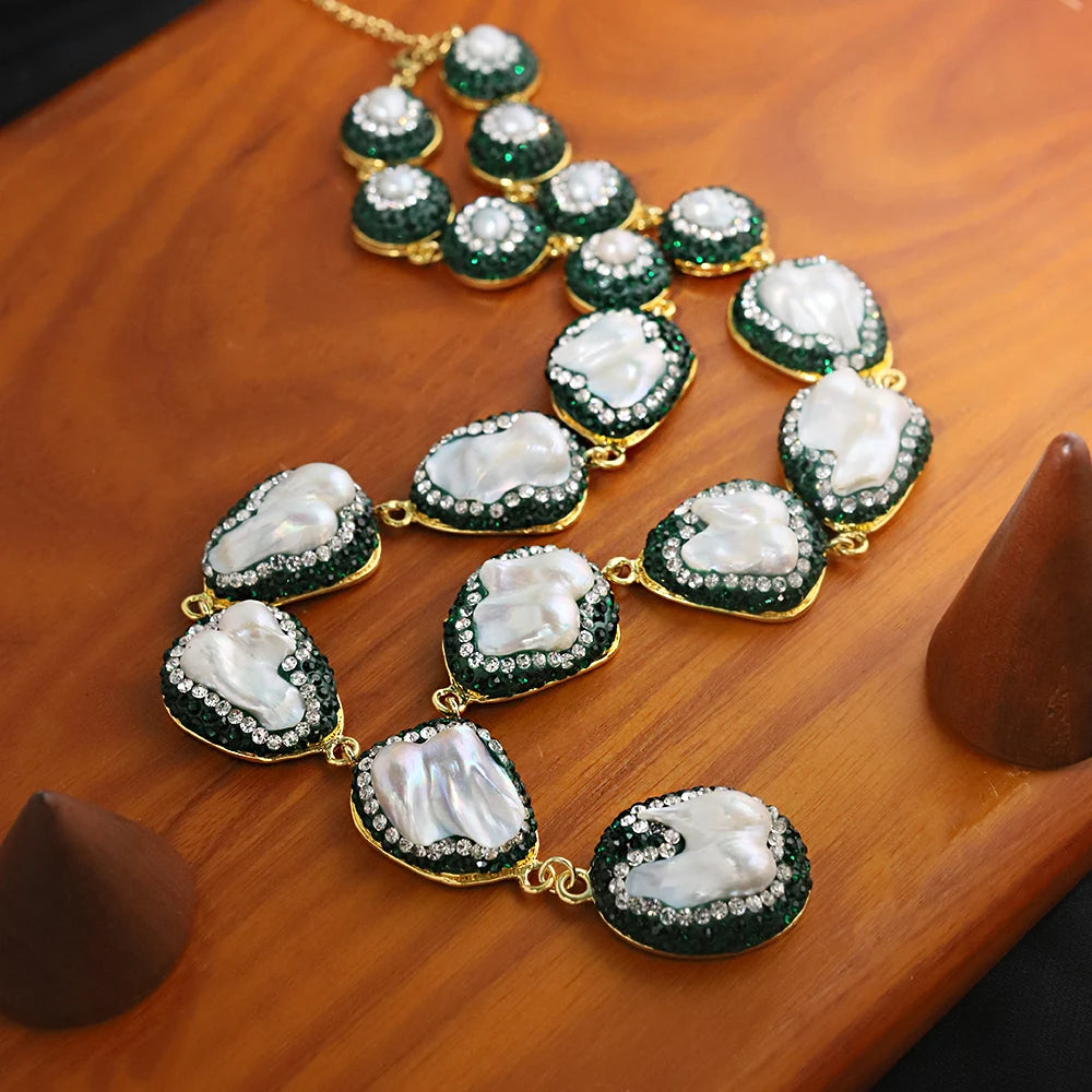 Natural Baroque Pearl Inlaid Zircon Green Necklace Korean Style Women Luxury Jewelry Fashion Ladies and Girls Gift GN0701