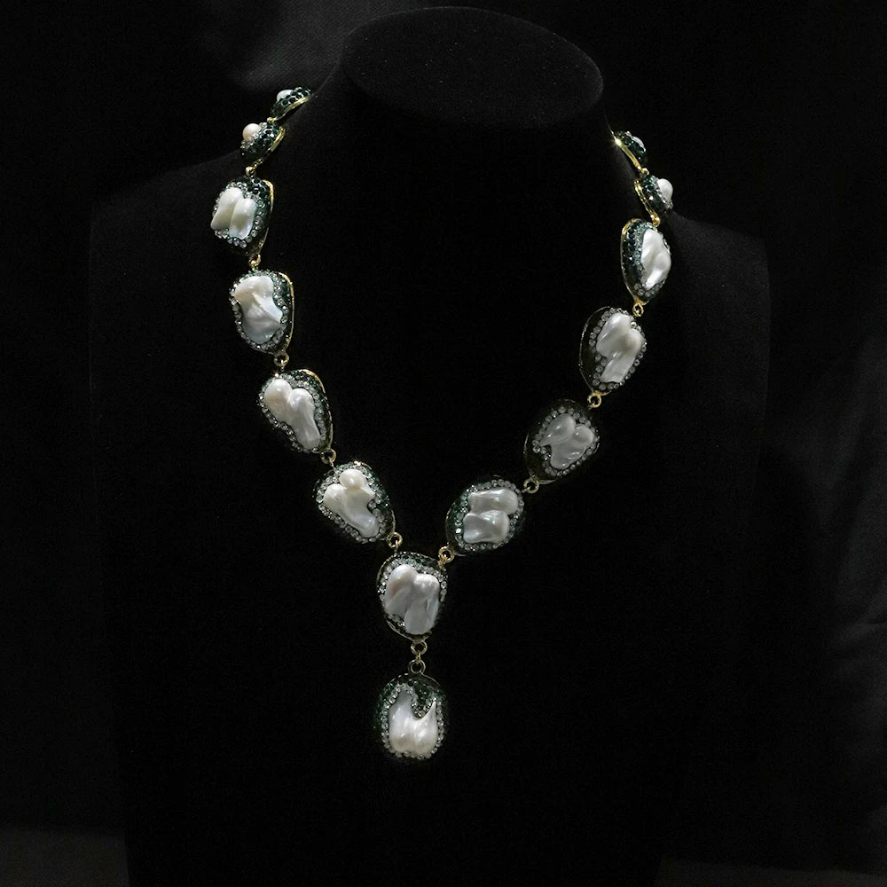 Natural Baroque Pearl Inlaid Zircon Green Necklace Korean Style Women Luxury Jewelry Fashion Ladies and Girls Gift GN0701