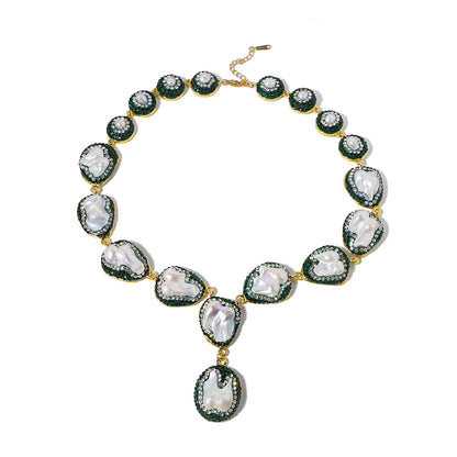 Natural Baroque Pearl Inlaid Zircon Green Necklace Korean Style Women Luxury Jewelry Fashion Ladies and Girls Gift GN0701